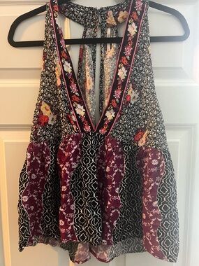 Free People Black Floral Printed Halter Top with Pink and Yellow Accents